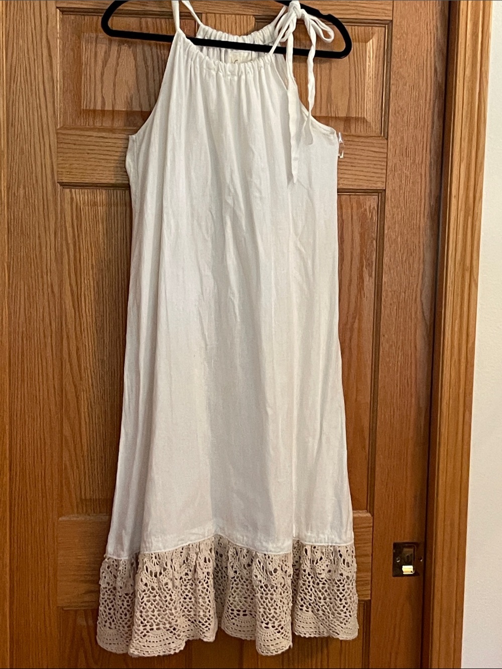 Vintage 316 Cream Linen Maxi Dress with Crochet Hem